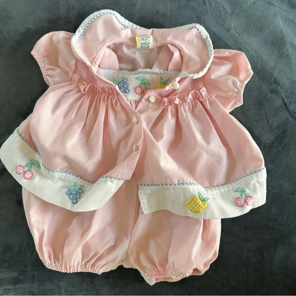 Pink Kids Matching Set with Embroidered Fruits - Picture 5 of 7